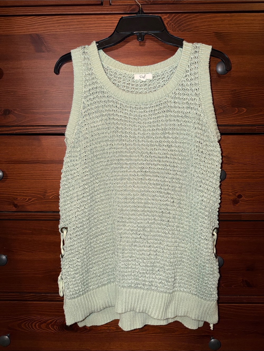 Easel Open Knit Boho Lace Up Sweater Tank | Large